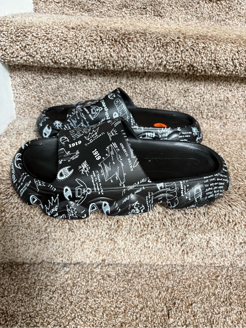 Champion Men’s Black Platform Slides with White Graphic Logo Print